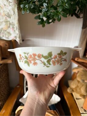 Vintage Pyrex Floral Milk Glass Serving Bowl with Peach Blossoms